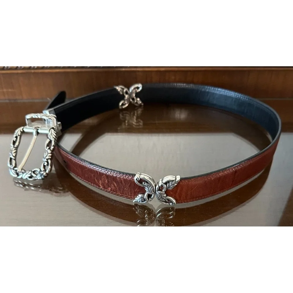 Vintage Women's Black Brown Twist Reversible‎ Belt Silver Buckle C4100 M Size 30